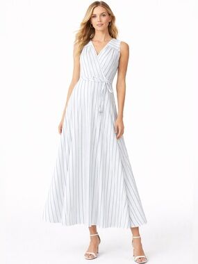 Calvin Klein Blue Stripe Wrap Midi Dress 4 Coastal Quiet Luxury NWOT